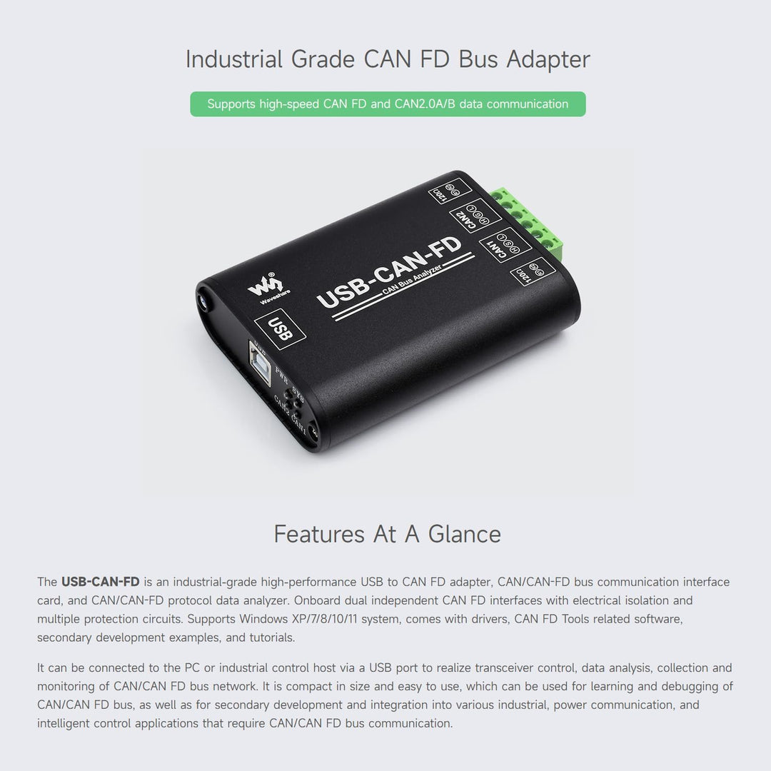 Waveshare Industrial Grade CAN/CAN FD Bus Data Analyzer, USB to CAN FD Adapter, CAN/CAN FD Bus Commu