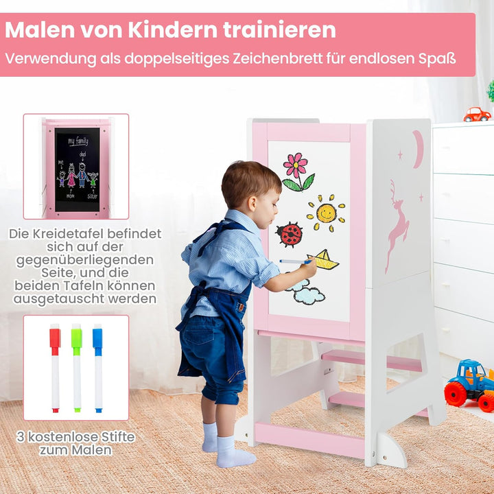 COSTWAY Lernturm kinder, 2 in 1 Tritthocker montessori mit 3 verstellbare Höhen & doppelseitiger Taf