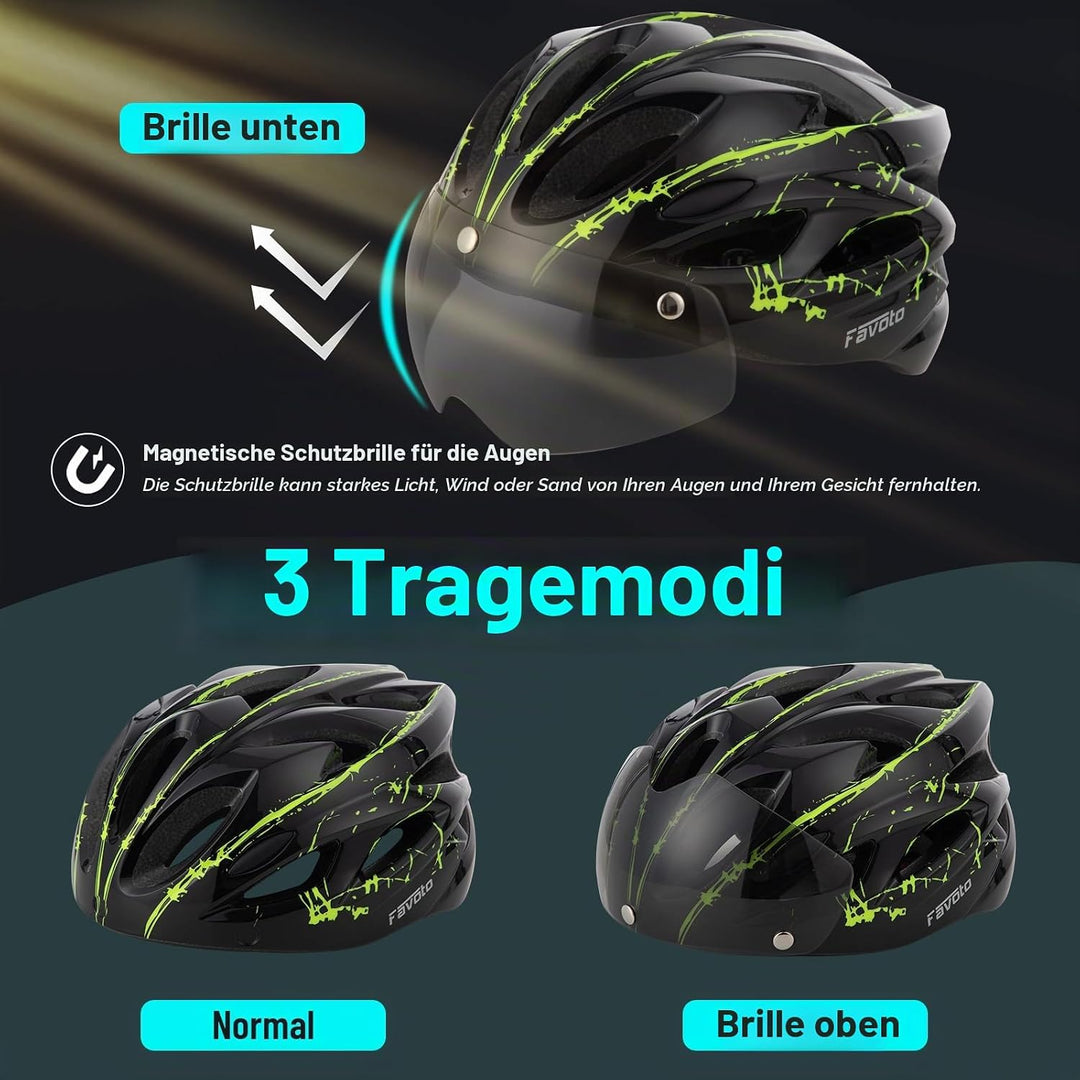 Favoto Fahrradhelm Herren mit Licht - Damenhelm Fahrradhelm Leichtgewicht Atmungsaktiv mit Brille Rü