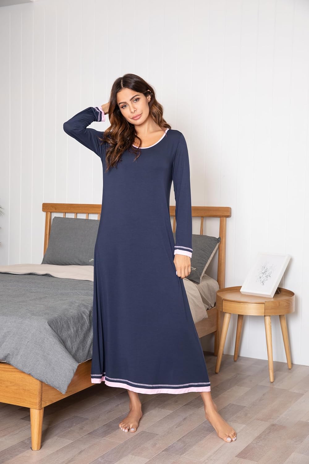 Ekouaer Damen Nachthemd Langarm Elegant Sleepshirt Weich Schlafkleid Lange Nachthemden Kontrastfarbe