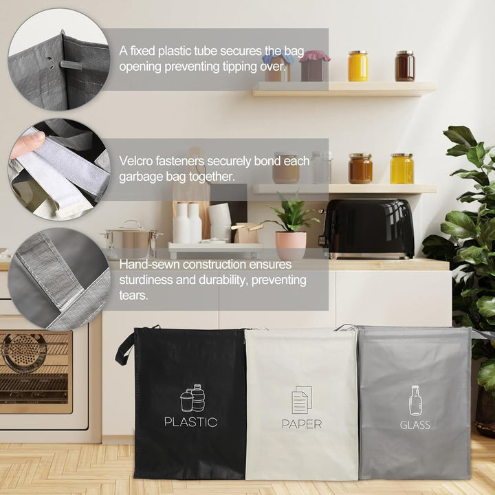 Mülltrennsystem 3fach für Papier Glas Plastik Recycling System Taschen Mülleimer mit Stabilisatoren
