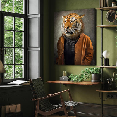 wandmotiv24 Leinwand-Bild Casual Tiger, Grösse 40x30cm, Hochformat, Wandbilder, Dekoration Wohnzimme