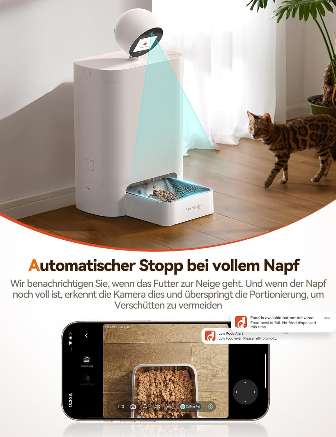 FEELNEEDY 5.5L Futterautomat Katze mit 3MP HD-360° Kamera, 2,4G/5G WiFi KI Katzenfutter Automat mit