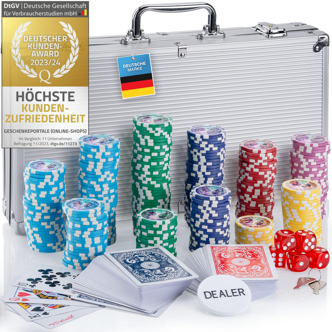 Profi Pokerkoffer Pokerset inkl. 300-500 schwerer 12g Metallkern Poker-Chips; Pokerdeck, Pokerkarten