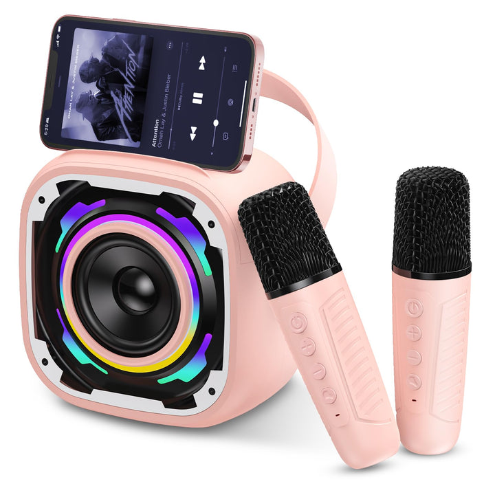 Karaoke Maschine Kinder mit 2 Mikrofonen, Tragbare Bluetooth Lautsprecher mit Telefonhalterung/Dynam