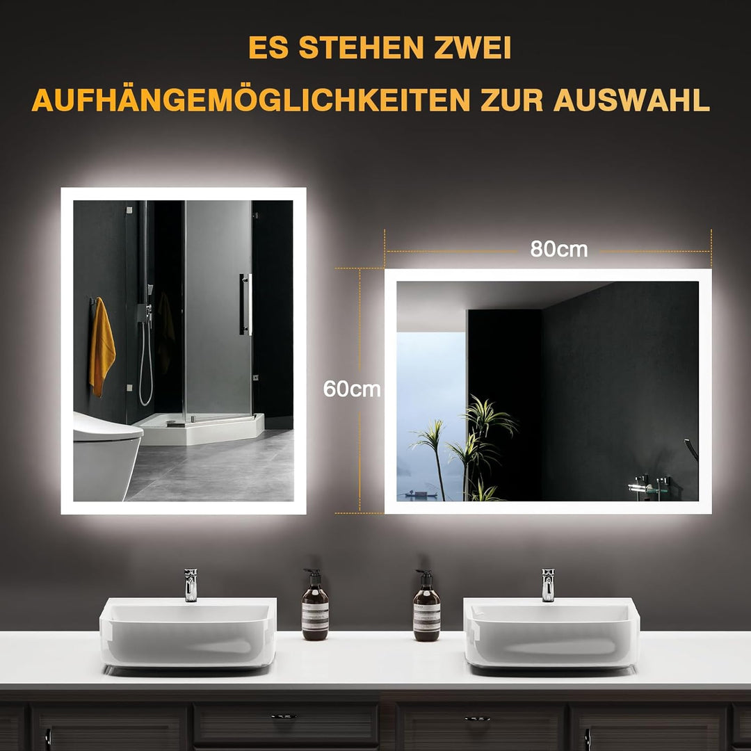 Badezimmer Spiegel mit Beleuchtung, 80 x 60cm LED Spiegel Bad mit Licht, Antibeschlag, Badezimmerspi