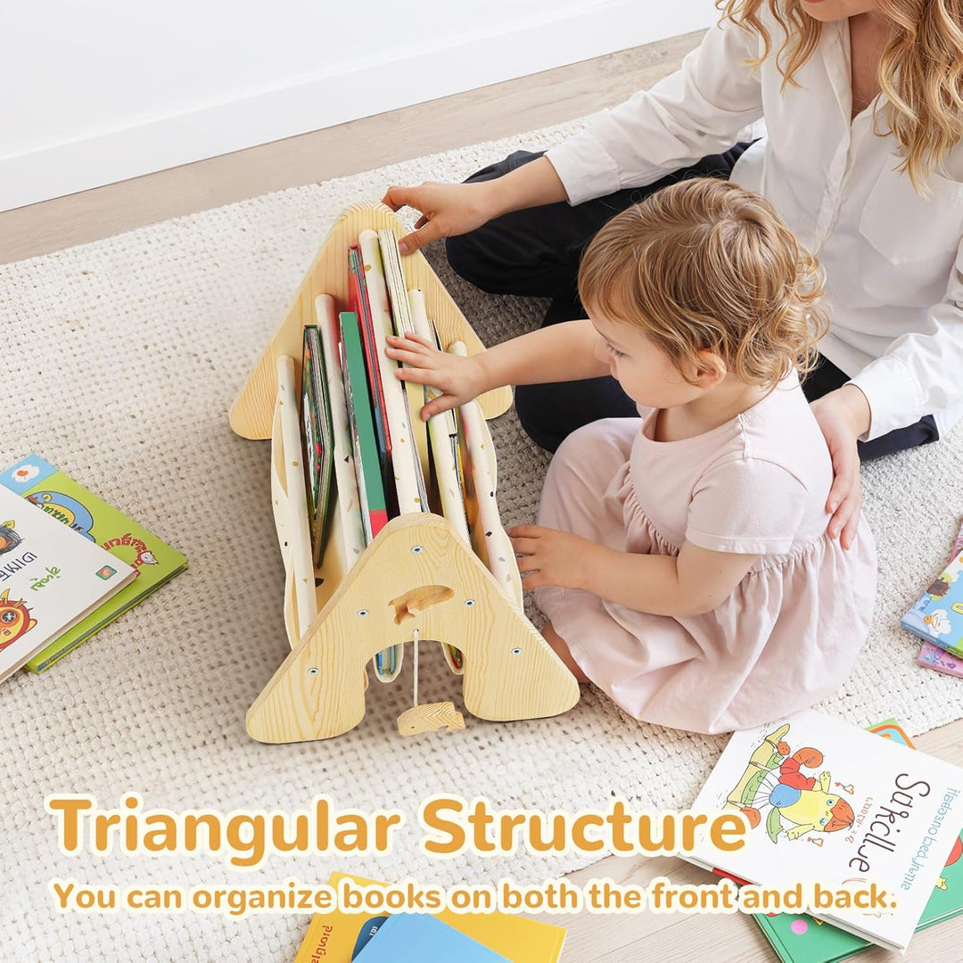 Bücherregal Kinder mit Doppelter Seite, Dreieckige Kinderregal 4-stöckig Montessori Regal für Kinder