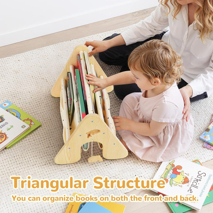Bücherregal Kinder mit Doppelter Seite, Dreieckige Kinderregal 4-stöckig Montessori Regal für Kinder