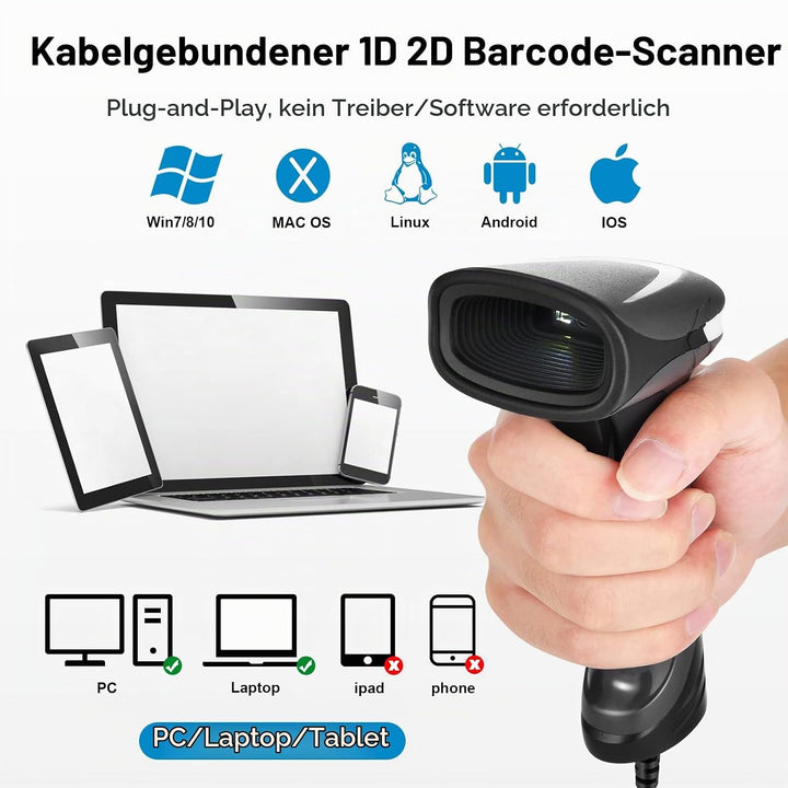 1D 2D Kabelgebundener Barcode Scanner, QR-Barcode-Scanner, Handheld-Barcode-Lesegerät QR Data Matrix