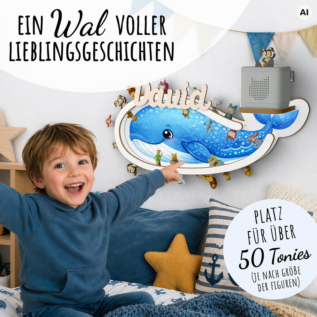Holzura Wal Tonie Regal für Toniebox 2 – personalisiertes magnetisches Wandregal für über 50 Toniefi