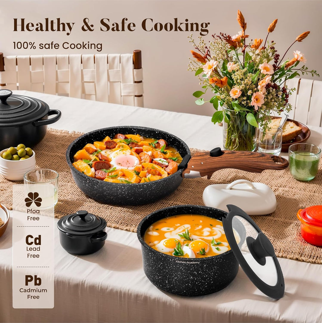 Kitchen Academy Pfannenset Abnehmbarer Griff - 10 Teilig Induktion Töpfe Set für alle Herdarten, Pfa