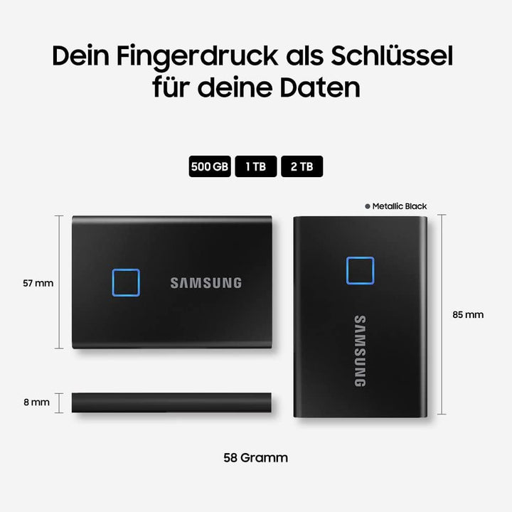 Samsung Portable SSD T7 Touch, 2 TB, USB 3.2 Gen.2, 1.050 MB/s Lesen, 1.000 MB/s Schreiben, Externe