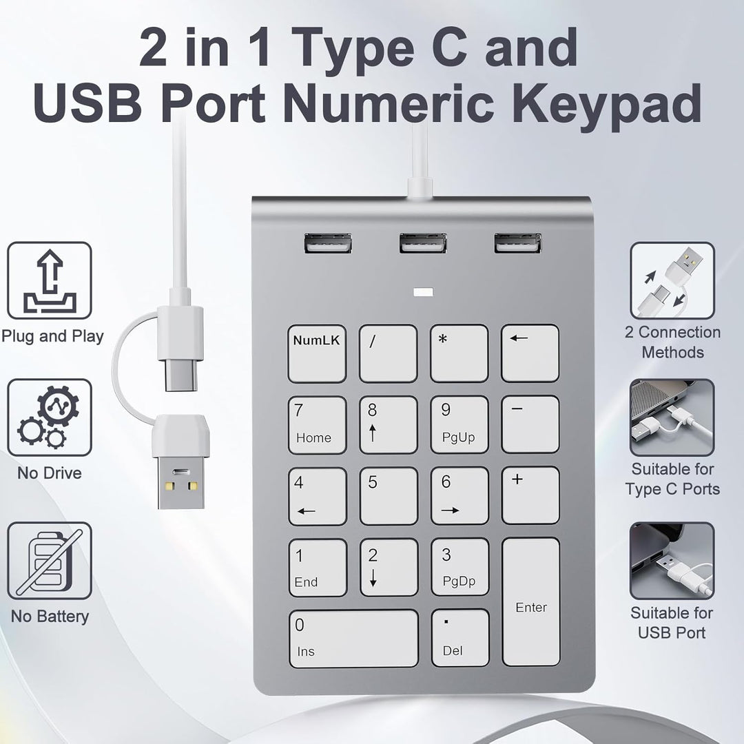 Ziffernblock mit USB A/USB C, Multifunktionstasten Nummernblock mit 3 zusätzlichen USB 2.0-Anschlüss