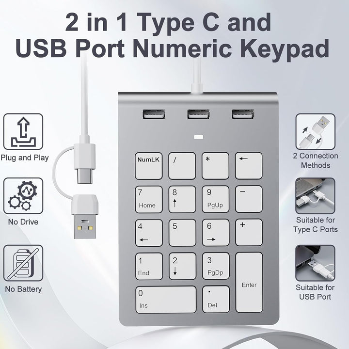 Ziffernblock mit USB A/USB C, Multifunktionstasten Nummernblock mit 3 zusätzlichen USB 2.0-Anschlüss
