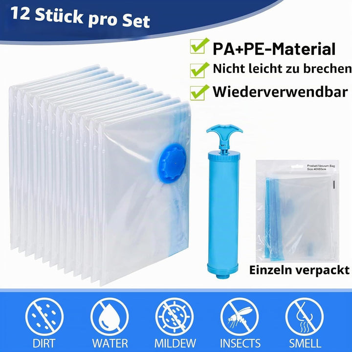 12er Set Vakuumbeutel für Kleidung - 60x40cm, 80% Platz Sparen Vakuum Kleiderbeutel PA & PE Material