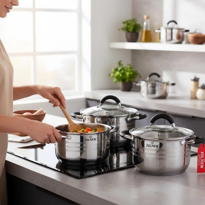 Topfset 12-teilig, Edelstahl, 6 Töpfe 2,1–6,5 L, Glasdeckel, Silber | Kochtopf Set für Induktion, Ga