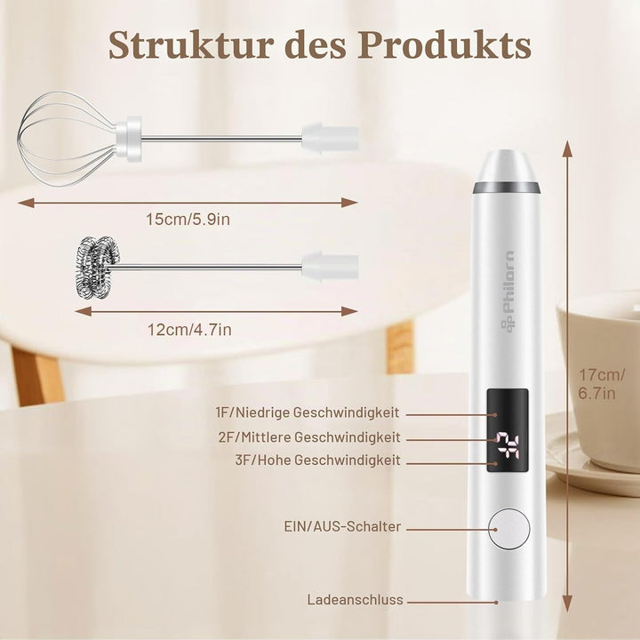 Philorn Elektrischer Milchaufschäumer Stab USB-C aufladbar mit LCD-Batterieanzeige -2 Aufsätzen, 3 S