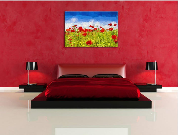 Mohnwiese Pinsel Effekt, Format: 100x70 auf Leinwand, XXL riesige Bilder fertig gerahmt mit Keilrahm