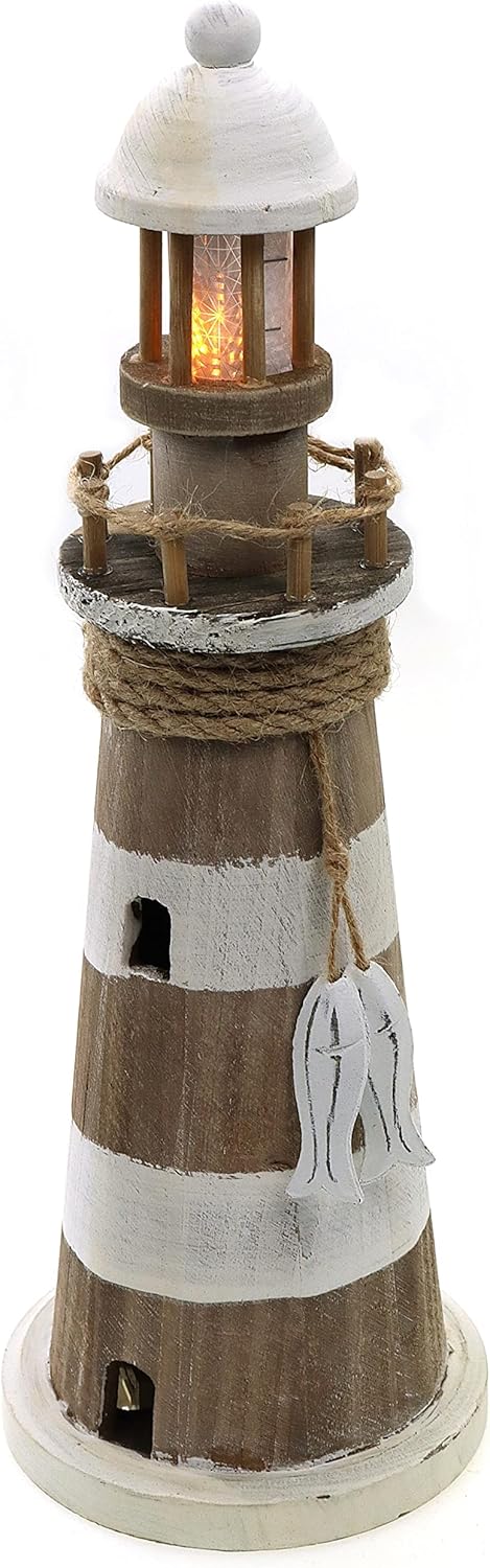 ELLUG Leuchtturm aus Holz mit flackernden LED-Lichtern und maritimen Details zum Stellen mit Timer-F