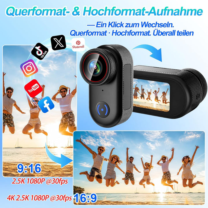 Mini Action Kamera 4K 44g Helmkamera Bodycam Motorrad Outdoor | 1,47 Zoll Display, Vertikalmodus, 14