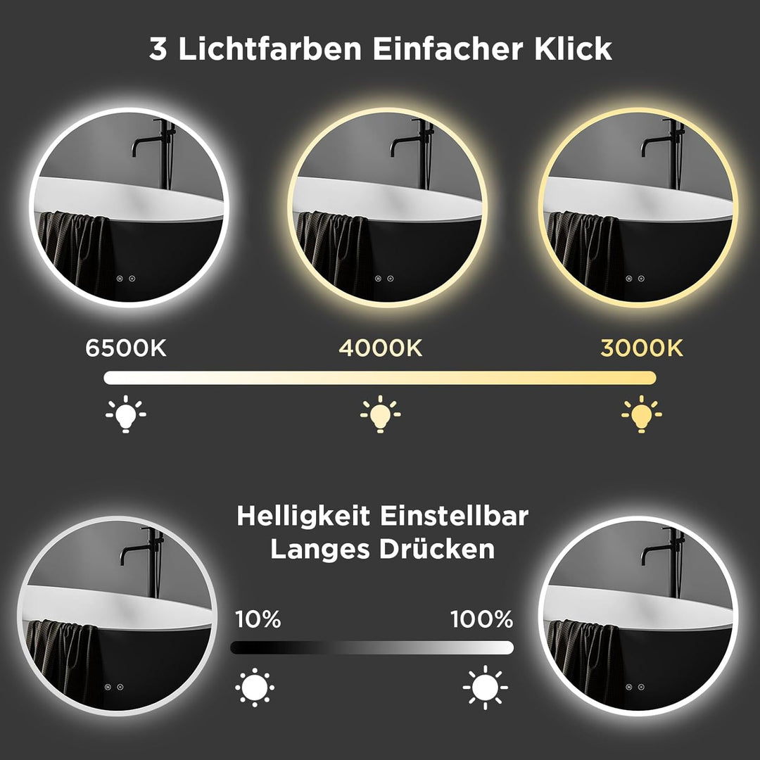 Rundspiegel 60cm mit LED-Beleuchtung, Badspiegel mit Touchschalter, 3 Lichtfarben (2700K-6500K) dimm
