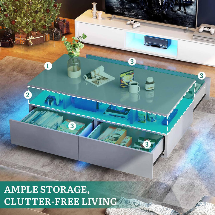 YITAHOME Couchtisch Grau, Wohnzimmertisch Hochglanz mit 16-Farbiger LED Beleuchtung Modern, Beistell