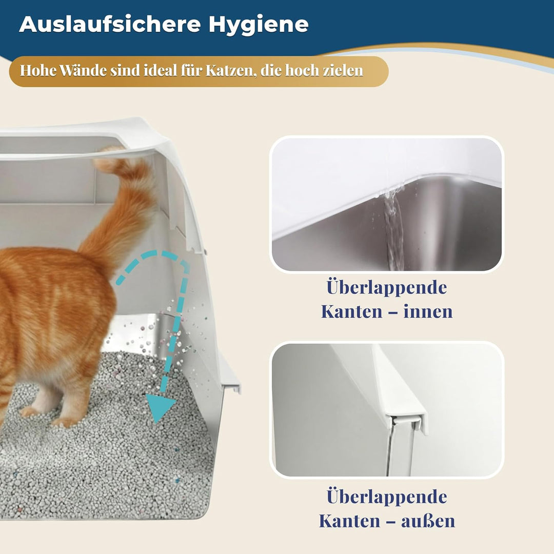 Katzenklo Edelstahl mit Deckel XXL – Geschlossene Katzentoilette mit 2 Eingängen, Trittstufe, Schauf