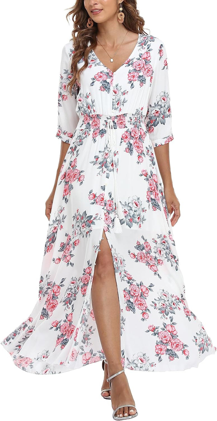 VOGMATE Damen Lange Split Knopf Up Sommer Maxikleid Floral Strandwear Holidy Kleid Hohe Taille mit k