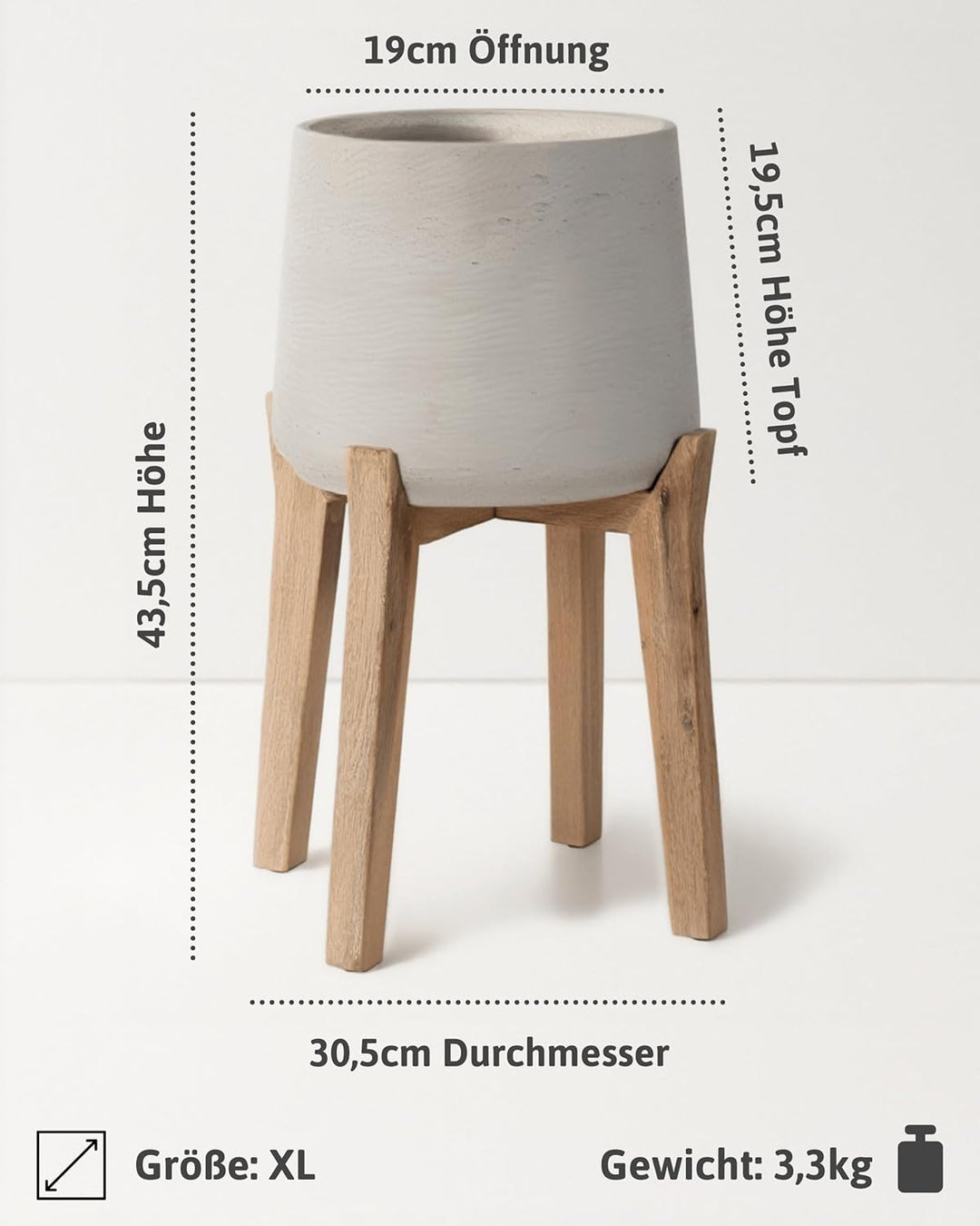 Finestgreen Patt Feet High | Handgefertigtes Pflanzgefäss auf Holzfüssen (XL Ø:30,5 H:43,5 cm, Grau)