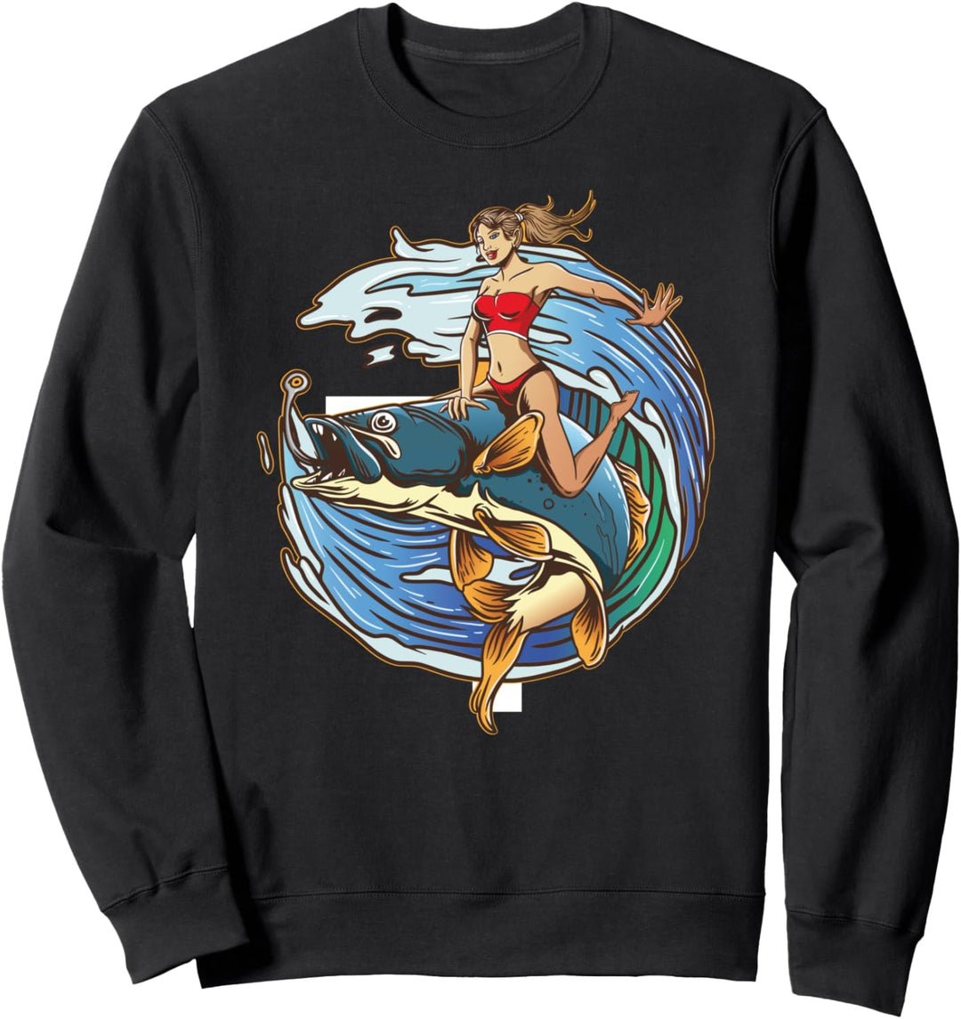Mädchen, das auf einem Fisch in den Wellen angeln geschenk Sweatshirt