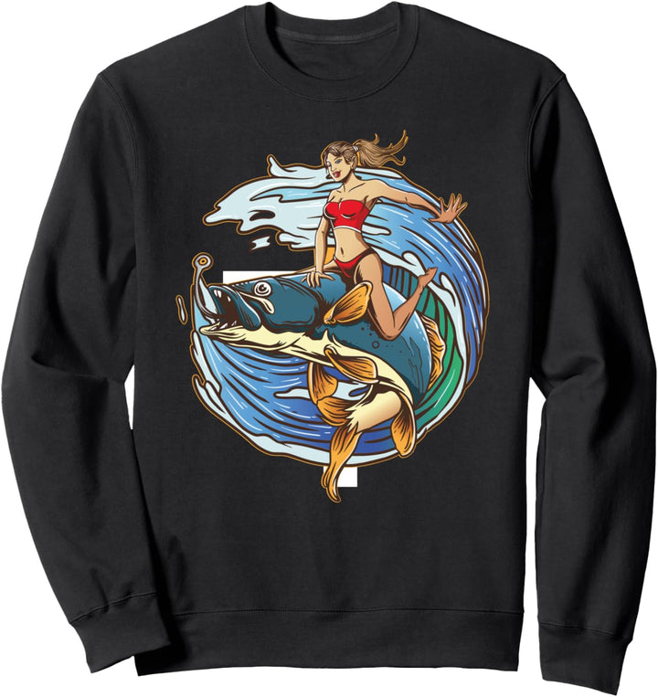 Mädchen, das auf einem Fisch in den Wellen angeln geschenk Sweatshirt