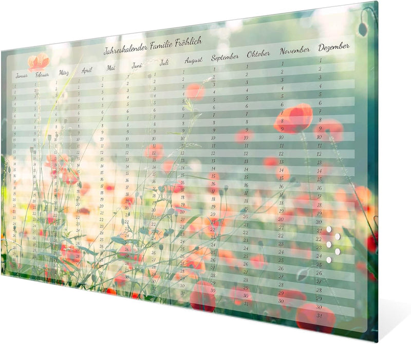 banjado® Wandkalender abwischbar aus Glas 90x60 cm/Jahresplaner abwischbar mit Motiv Mohnblumen/lang