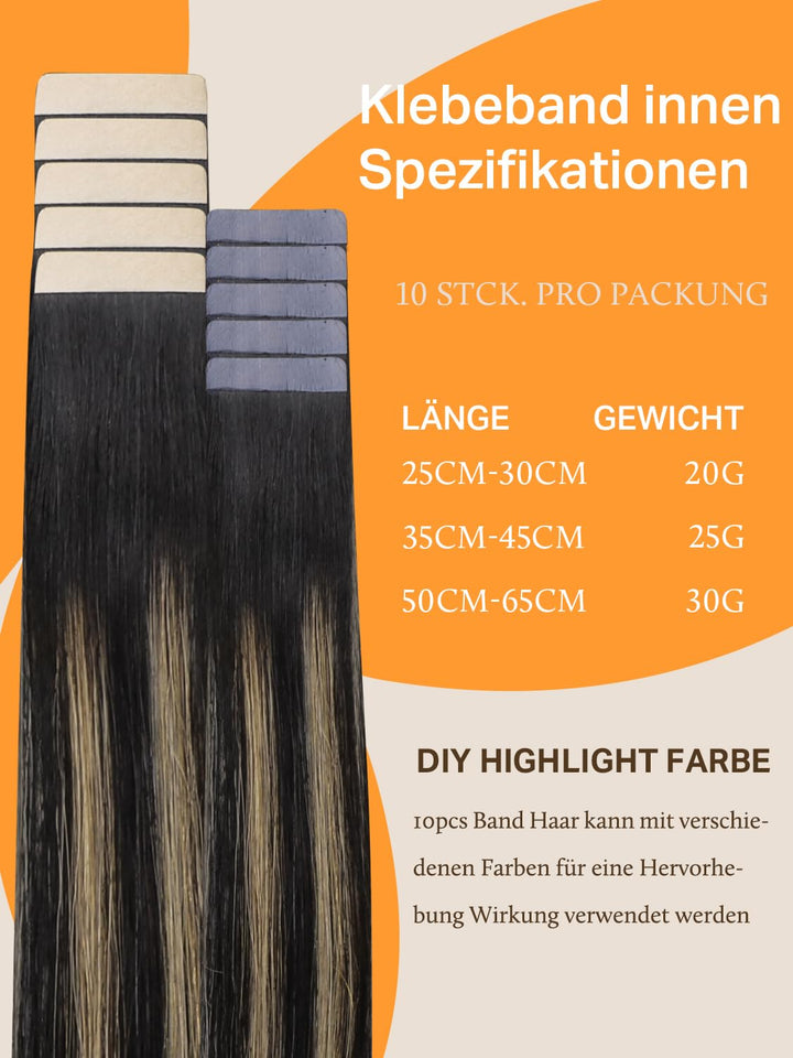 DOORES Extensions Echthaar Tape in, Balayage Natürliches Schwarz bis Hellblond 35cm (14zoll) 25g 10p