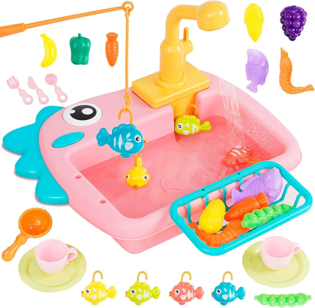 Küchenspüle Spielzeug Set mit Angelspiel, Fliessendes Wasser Spülmaschine, Küchenutensilien,Rollensp