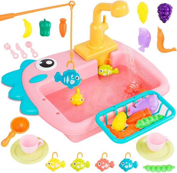 Küchenspüle Spielzeug Set mit Angelspiel, Fliessendes Wasser Spülmaschine, Küchenutensilien,Rollensp