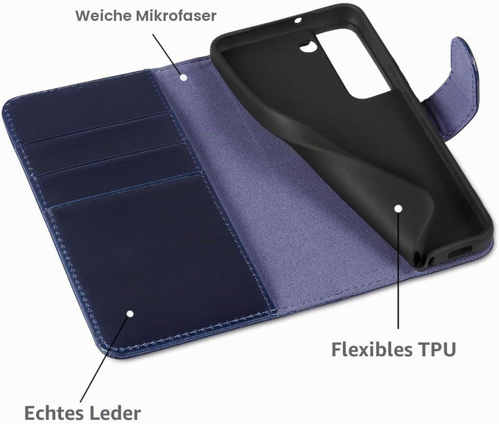 LENSUN Echtleder Hülle für Samsung Galaxy S22, Handyhülle Echtes Leder Magnetverschluss Standfunktio