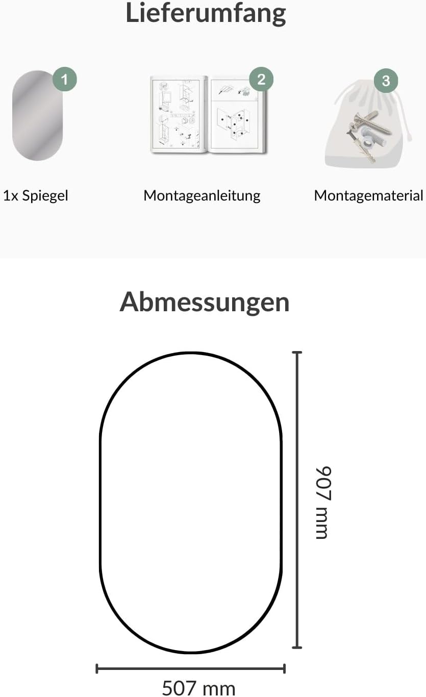 Planetmöbel Spiegel oval 50 x 90 cm, dekorative Wandspiegel gross, für Badezimmer, Flur oder Gardero