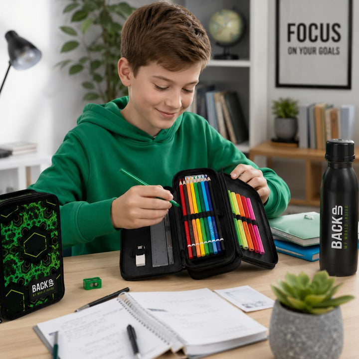 Generisch Zweifach Federmäppchen befüllt mit Stiften &amp; Buntstiften - 2-Fach Schulmäppchen Hexagon Cy