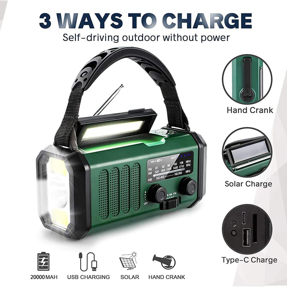 Winnes Notfall Wetter Radio, Akku, Tragbar Radio mit SOS-Alarm, 20000 mAh, Kurbel, Solarradio, AM/FM