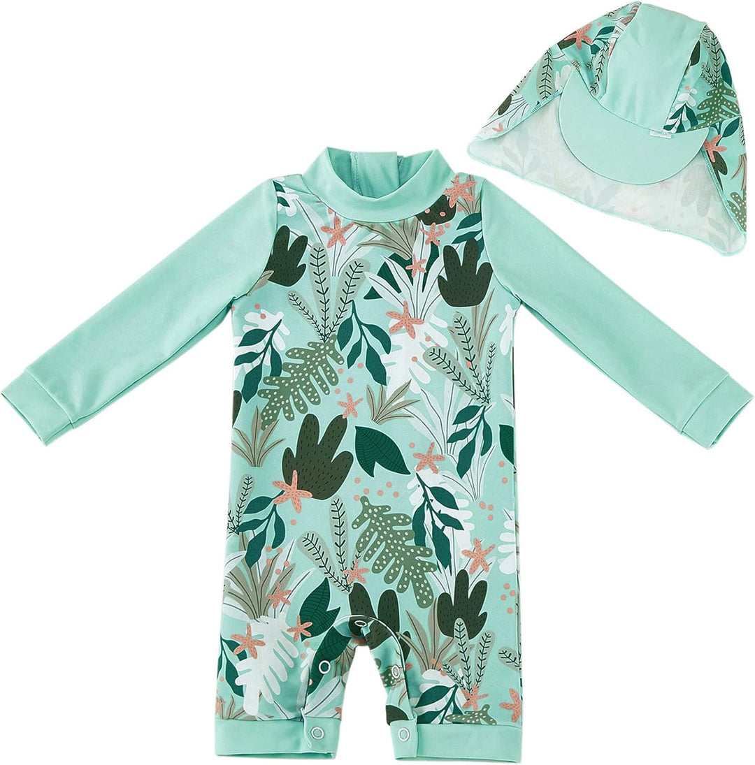 UMELOK Baby Badebekleidung Mädchen Badeanzug mit Sonnenhut UV Schutz 0-3 Monate Grüne,tropische Pfla