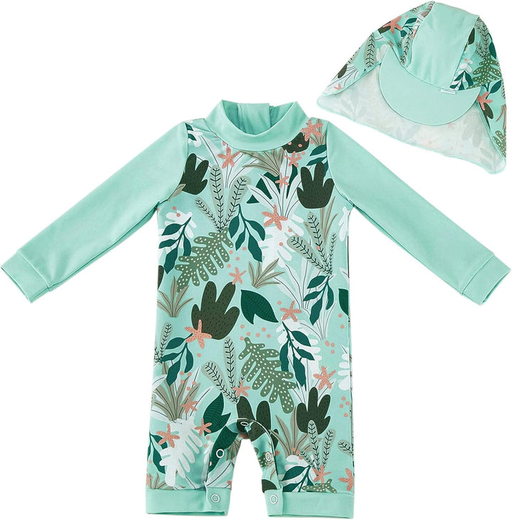 UMELOK Baby Badebekleidung Mädchen Badeanzug mit Sonnenhut UV Schutz 0-3 Monate Grüne,tropische Pfla