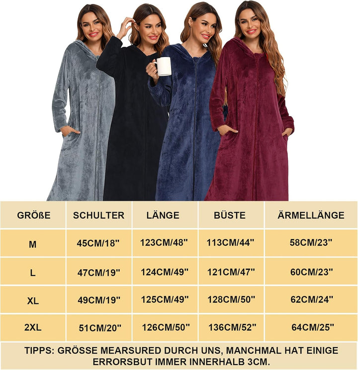 Figarge Bademantel Damen und Herren mit Reissverschluss und Kapuze langer Bademantel Fronttaschen Sa