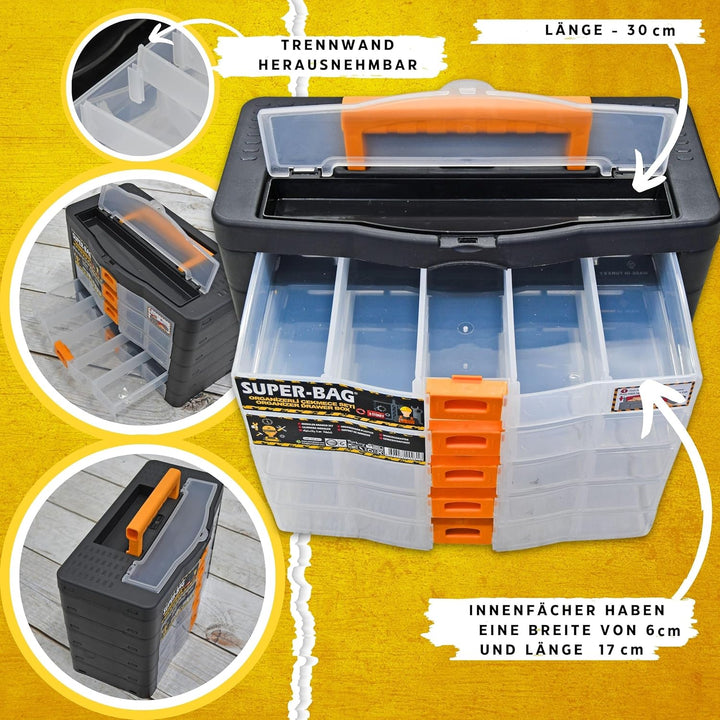 Werkzeugkoffer Kleinteile Organizer 5 Schubladen 390x190x260mm Sortierkasten 26 Innenfächer verstell