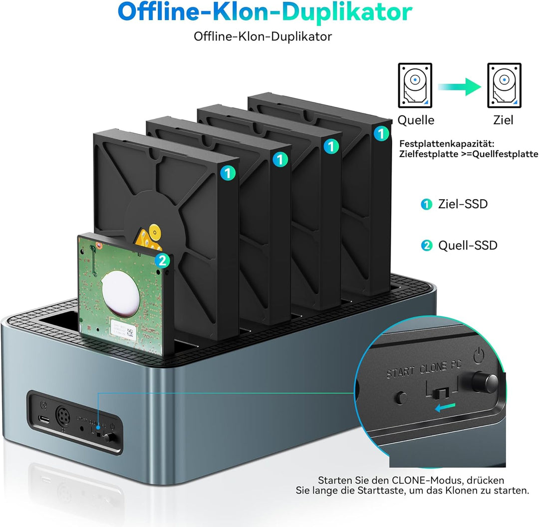 Yottamaster 5 Bay Offline-Klonen Festplatten Dockingstation Aluminium für 2,5/3,5 Zoll, USB 3.2 Gen1