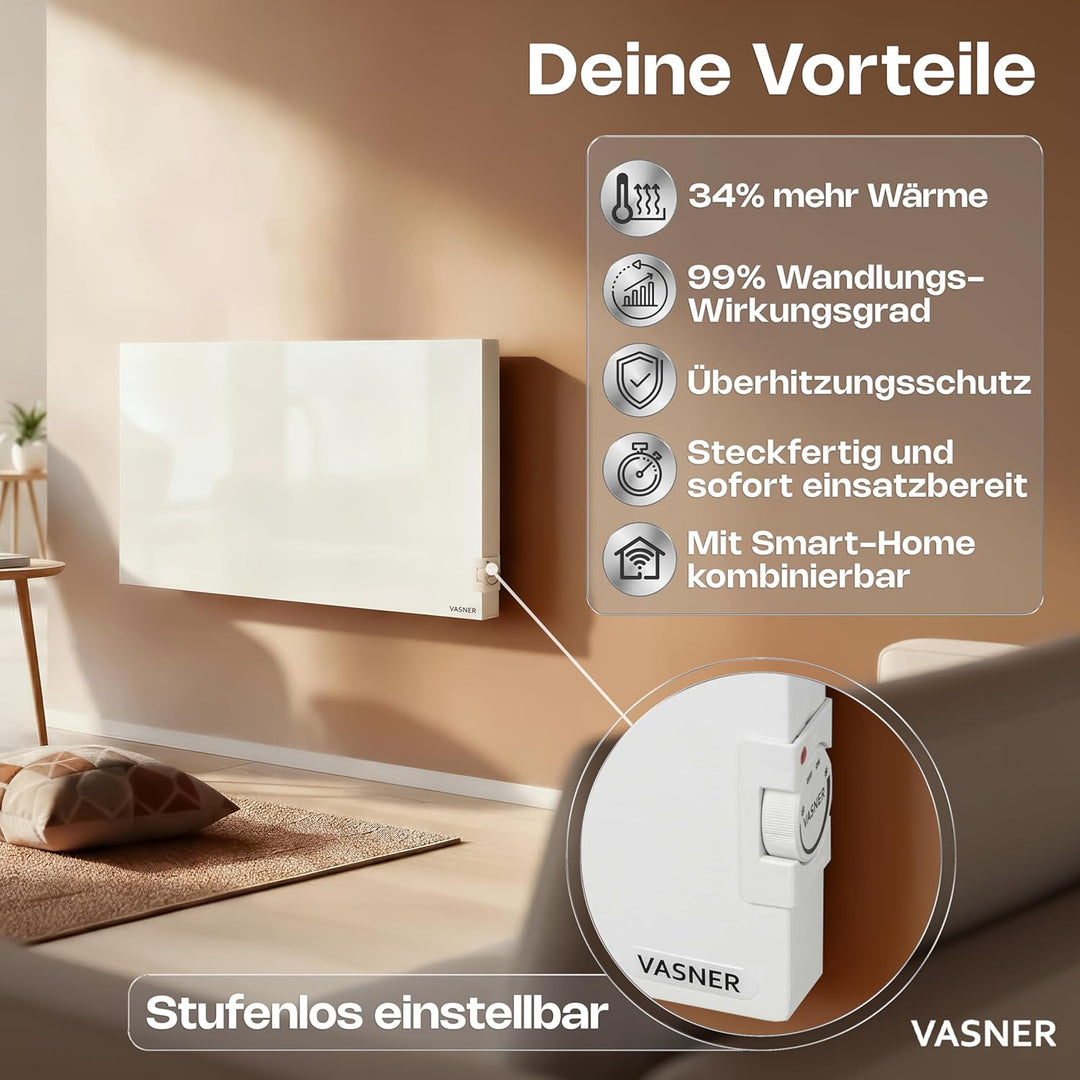 VASNER Konvi Infrarotheizung mit Thermostat – Hybrid Elektroheizung inkl. Wandmontage 600-1200 Watt