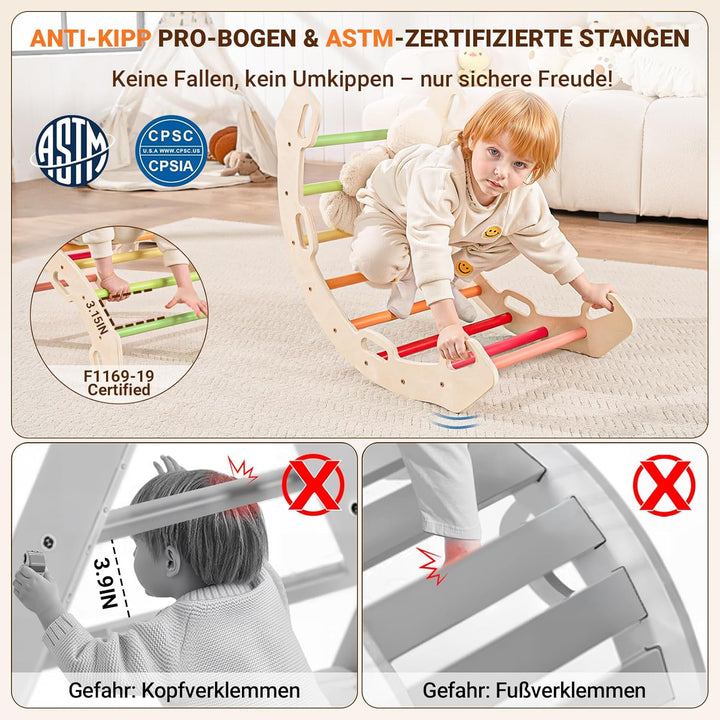 COSYLAND 8-in-1 Klettergerüst Indoor L – Grosses Kletterdreieck Set mit Kletterbogen & Rutsche – War
