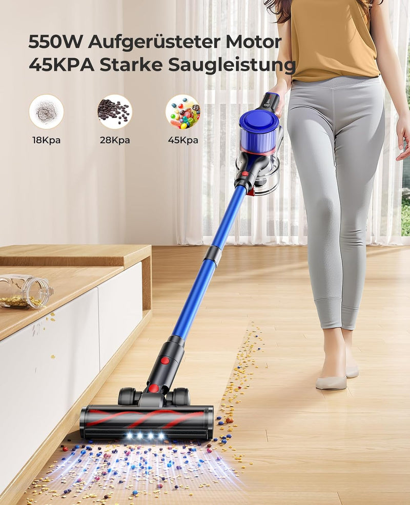 Fieety Akku Staubsauger, 450W/45000Pa Kabelloser Staubsauger, 60 Min Lange Lebensdauer, mit LED-Touc