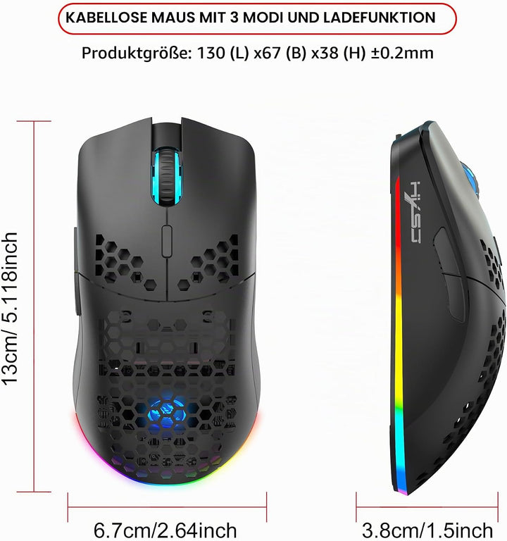 T66 PC Gaming Mouse, BT/2.4G Wireless/Wired, Lightweight Honeycomb Shell, Macro Program, Cool RGB Li