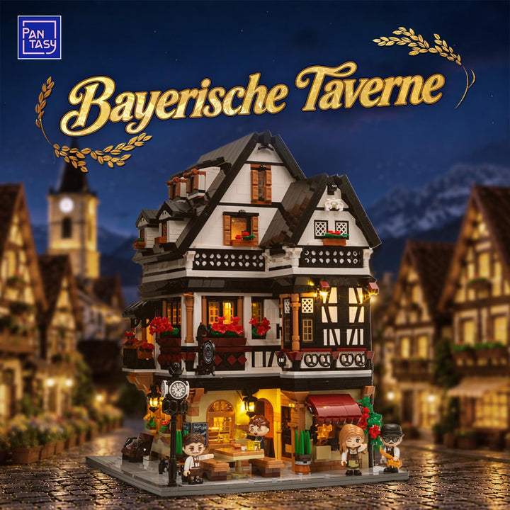 PANTASY Bayerisches Wirtshaus Bauset für Erwachsene mit USB-C-Licht | 3-stöckiges Fachwerk-Modell mi