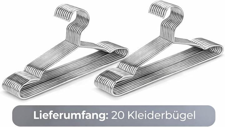 Kleiderbügel aus Edelstahl, 20 Stück, Silber, Rostfrei, Poliert, 42x20 cm, Hohe Tragkraft, Glatte Ob